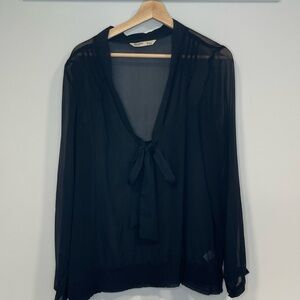 Navy blue sheer tie-front blouse